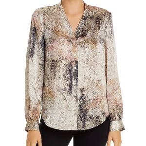 Eileen Fisher Silk Button-Front Blouse V-neck Speckled Dye